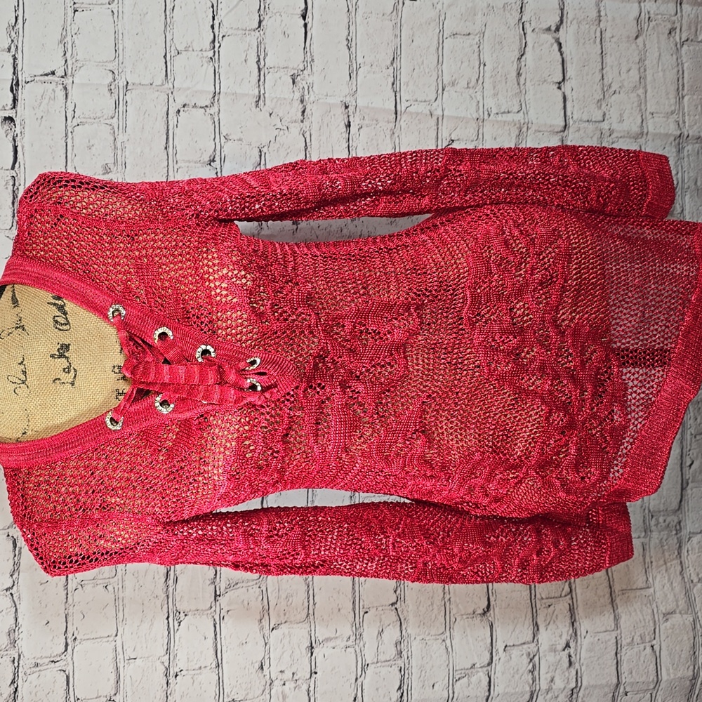 INC International Concepts Red V-Neck Lace-Up Asymmetrical Sweater Size M EUC